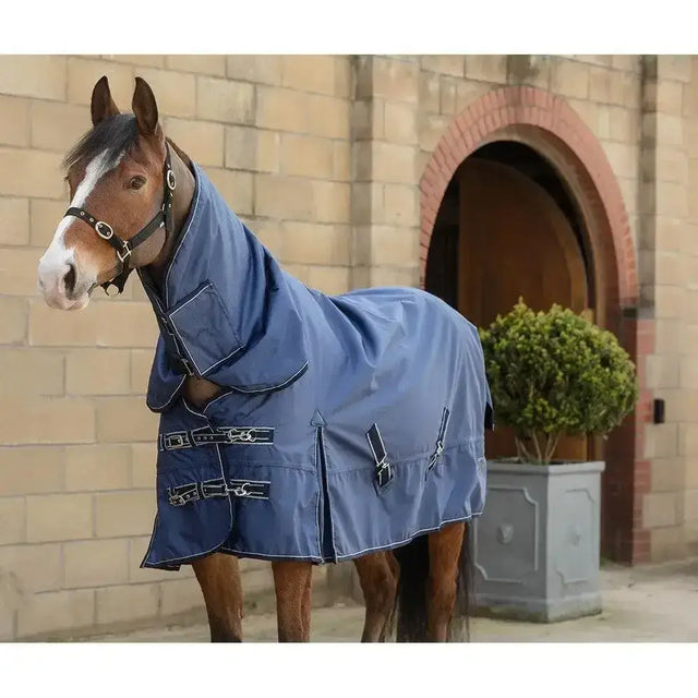 Blue rhinegold arizona 100g lightweight turnout rug with black buckles white stitching and full neck design