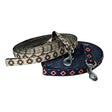 Two rhinegold aztec lunge reins with strong webbing coil in beige brown and dark blue aztec patterns and metal clasps