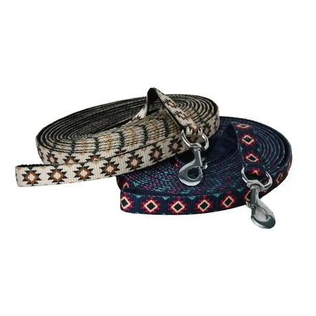 Two rhinegold aztec lunge reins with strong webbing coil in beige brown and dark blue aztec patterns and metal clasps