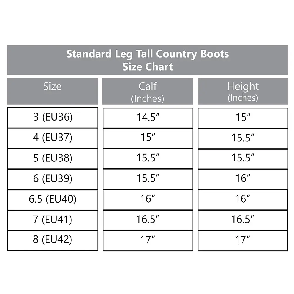 Size chart for Rhinegold Beaumont Country Boot detailing calf and height measurements