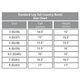 Size chart for Rhinegold Beaumont Country Boot detailing calf and height measurements