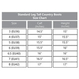 Standard leg tall rhinegold beaumont country boot size chart showing calf and height measurements in inches for euro sizes
