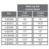 Size chart for rhinegold beaumont country wide calf tall boots showing calf and height measurements in inches