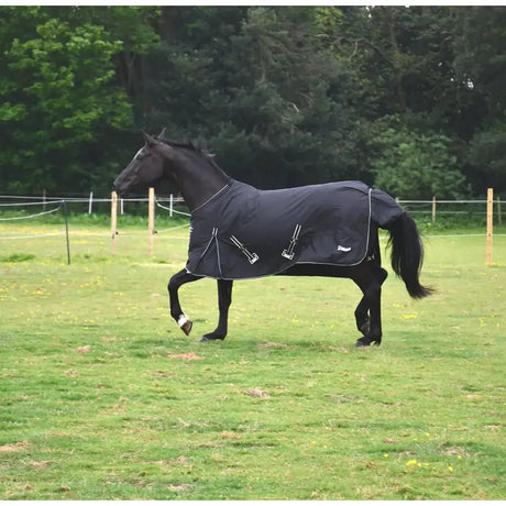 Black rhinegold bolivia outdoor rug with white trim silver buckles and double chest straps for horses