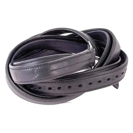 Black leather rhinegold bonded stirrup leathers with silver buckle and evenly spaced holes for riding use