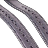 Dark gray rhinegold bonded stirrup leathers with quality leather wrapped straps and precise stitching for adjustable sizing