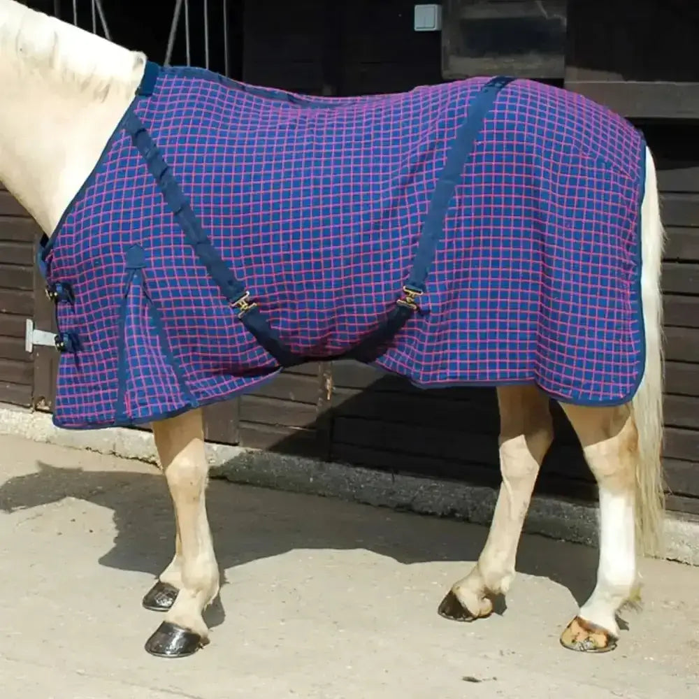 Purple and blue checkered rhinegold box weave cooler rug with navy straps for breathable horse comfort