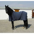 Navy blue and white checkered rhinegold box weave cooler rug with black straps for horses keeping them cool and dry