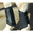 Black leather rhinegold breathable neoprene brushing boots with adjustable straps and subtle brand logo on side