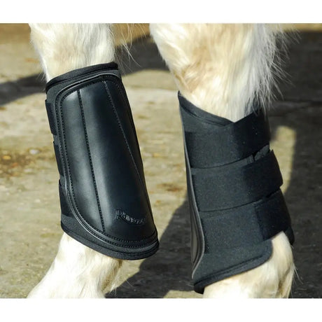 Black leather rhinegold breathable neoprene brushing boots with adjustable straps and subtle brand logo on side
