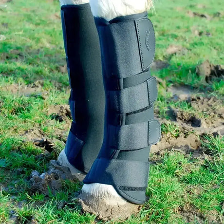 Black rhinegold breathable neoprene turnout boots with adjustable straps and padded design for horse leg protection