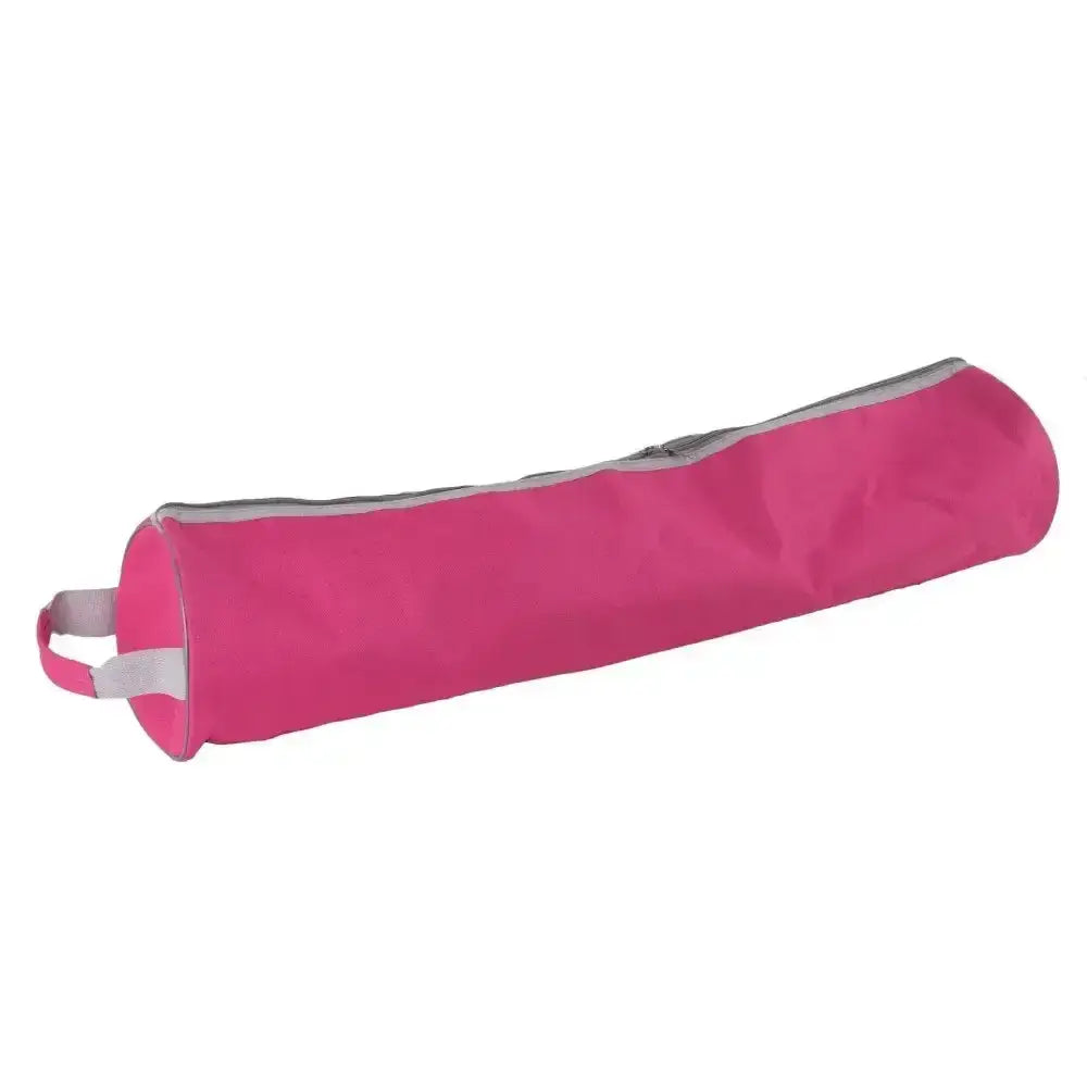 Pink cylindrical yoga mat bag with gray zipper and handle from rhinegold bridle bags tack bags collection