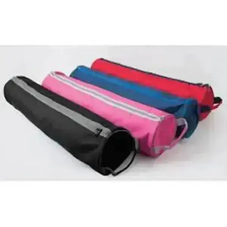 Colorful cylindrical rhinegold bridle bags in black pink blue and red with reflective stripes perfect as tack bags