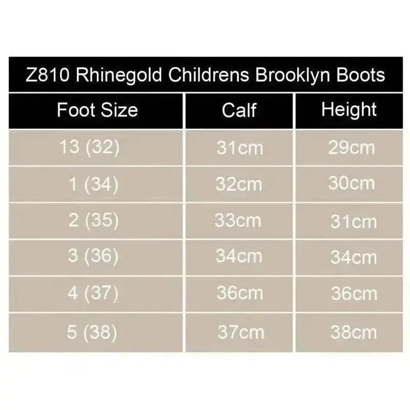 Z810 rhinegold brooklyn childs country boots size chart showing foot size calf circumference and boot height with faux suede cuff