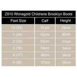 Z810 rhinegold brooklyn childs country boots size chart showing foot size calf circumference and boot height with faux suede cuff
