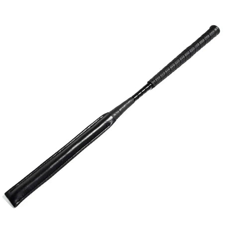 Black leather rhinegold bsja approved padded crop with textured grip handle and smooth padded head for riding use