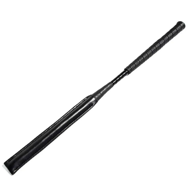 Black leather rhinegold bsja approved padded crop with textured grip handle and smooth padded head for riding use