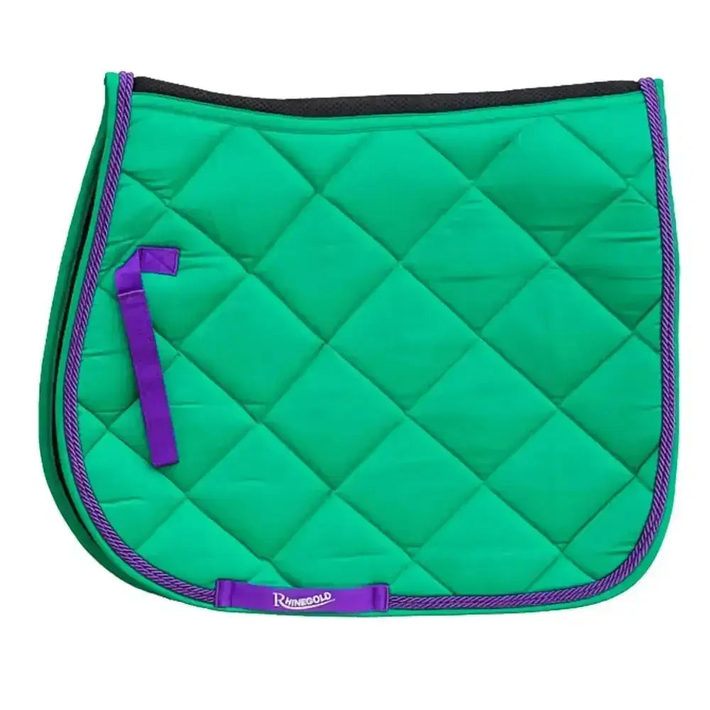Vibrant green rhinegold carnival ventilated saddle pad with purple trim and handle featuring brand logo