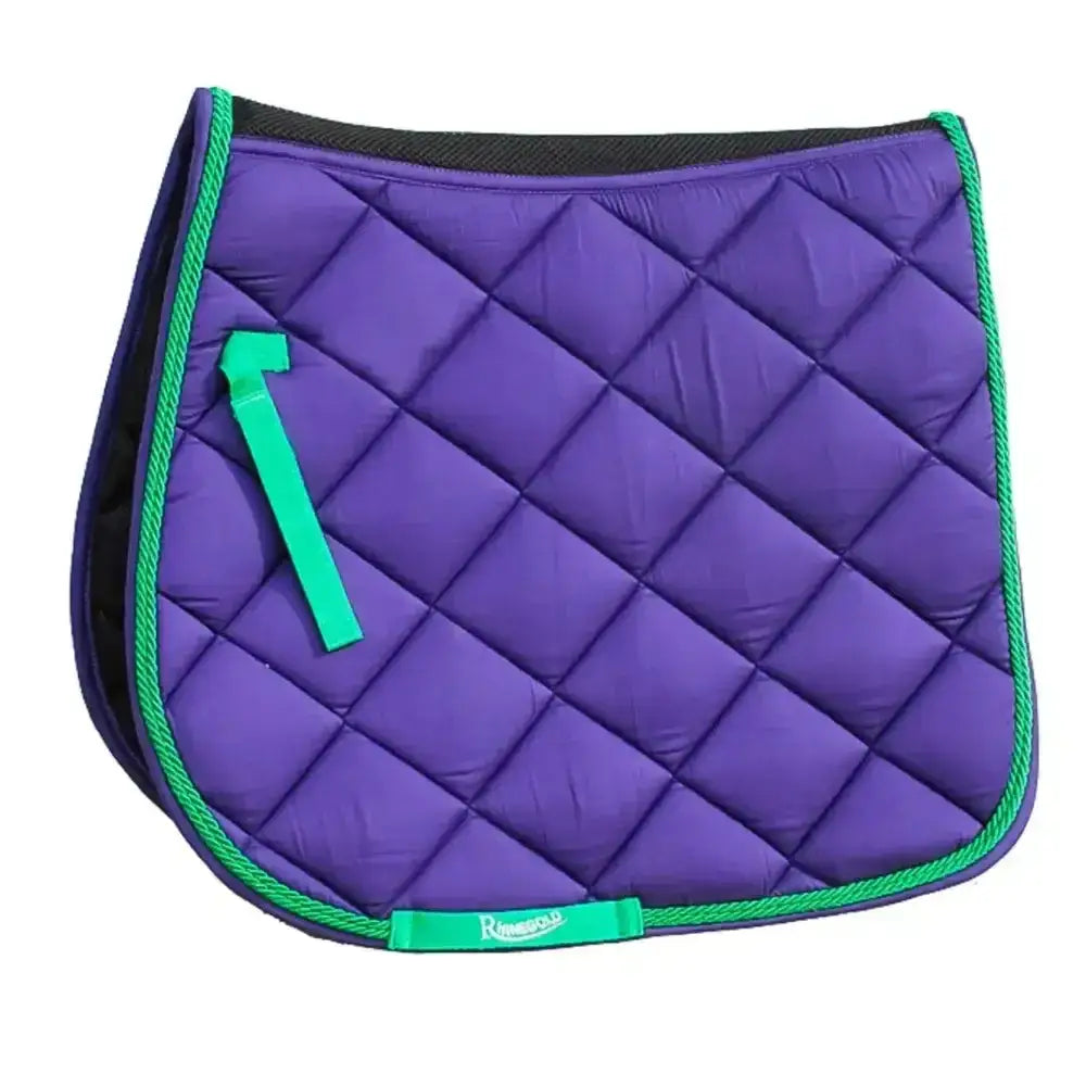 Purple quilted rhinegold carnival ventilated saddle pad with green piping and matching strap for comfortable riding