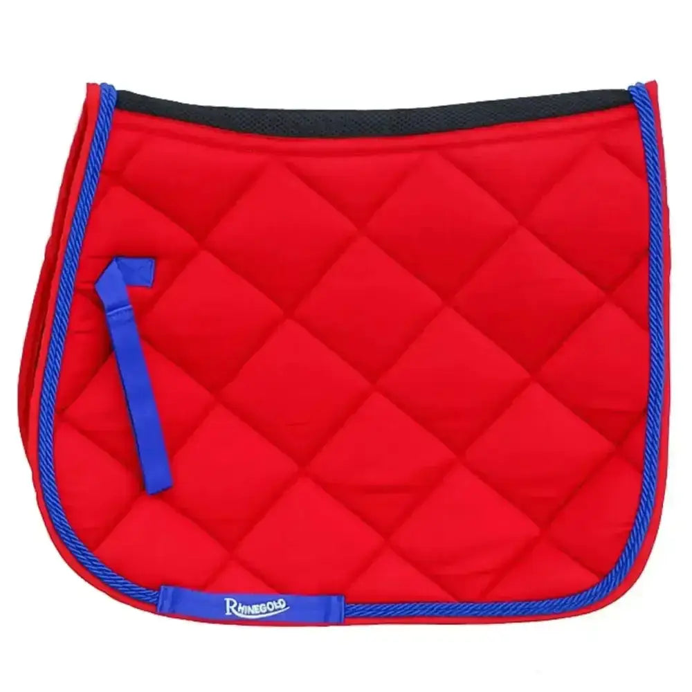 Red quilted rhinegold carnival ventilated saddle pad with blue piping and matching strap featuring rhineland logo