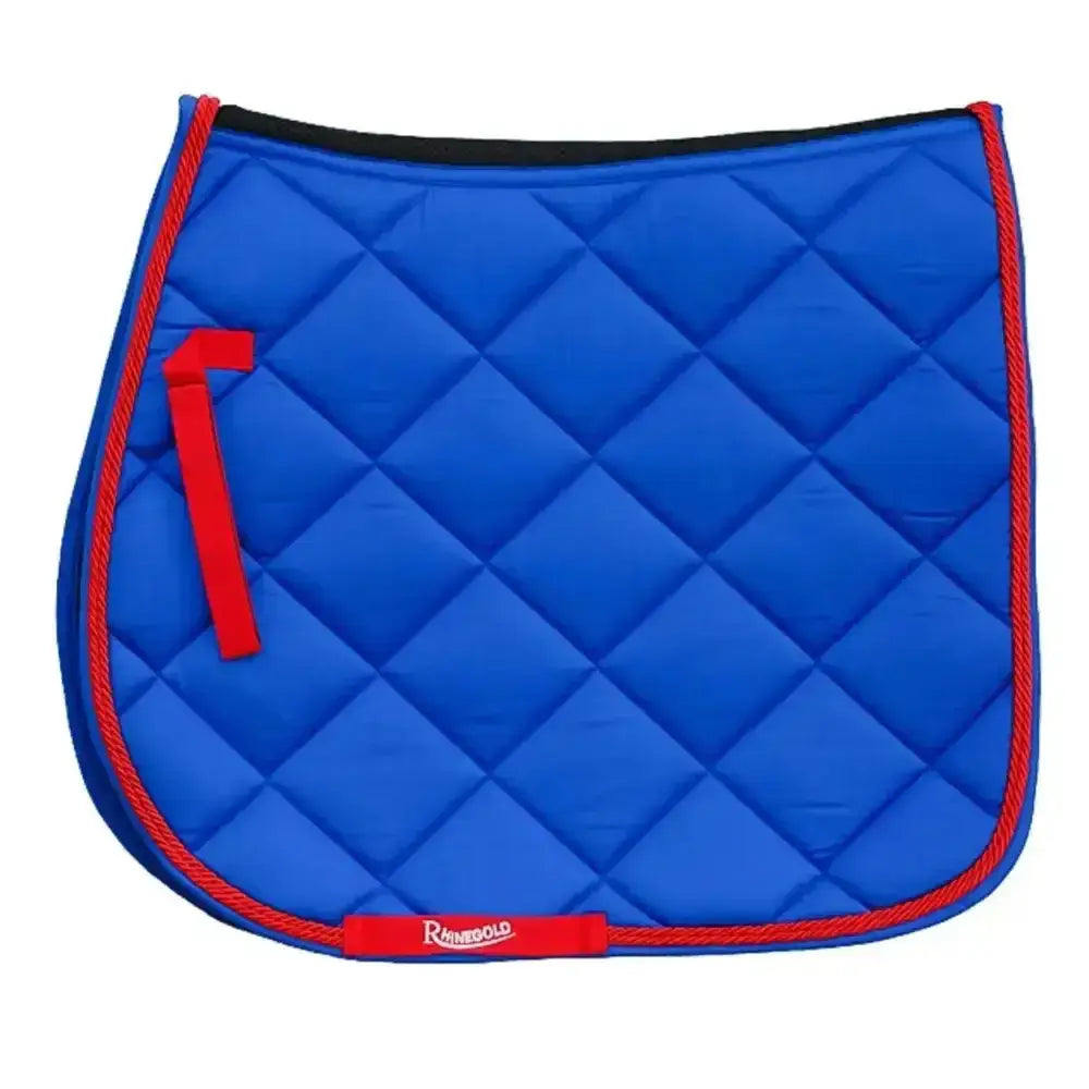 Blue quilted rhinegold carnival ventilated saddle pad with red piping and matching strap featuring rhineland logo