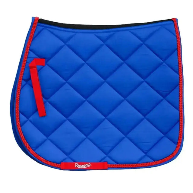 Blue quilted rhinegold carnival ventilated saddle pad with red piping and matching strap featuring rhineland logo