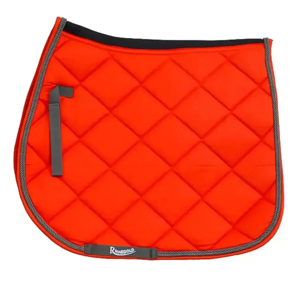 Bright orange rhinegold carnival ventilated saddle pad with black trim and gray rope detailing for horses
