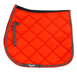 Bright orange rhinegold carnival ventilated saddle pad with black trim and gray rope detailing for horses