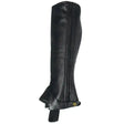Black leather child leather gaiters with vertical ribbed texture and gold logo on ankle strap by rhinegold
