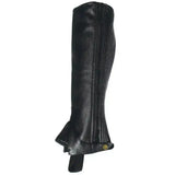 Black leather child leather gaiters with vertical ribbed texture and gold logo on ankle strap by rhinegold
