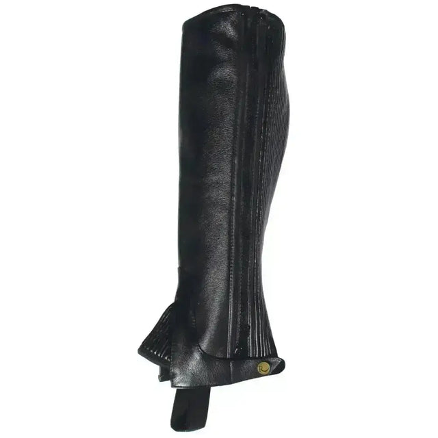 Black leather child leather gaiters with vertical ribbed texture and gold logo on ankle strap by rhinegold