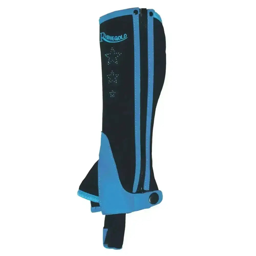 Blue and black rhinegold child synthetic half chaps with star embellishments and elasticated stretch panel for comfort