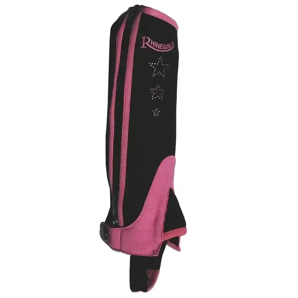 Pink and black rhinegold child synthetic half chaps with star rhinestone embellishments and elasticated stretch panel