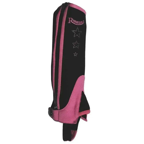 Pink and black rhinegold child synthetic half chaps with star rhinestone embellishments and elasticated stretch panel