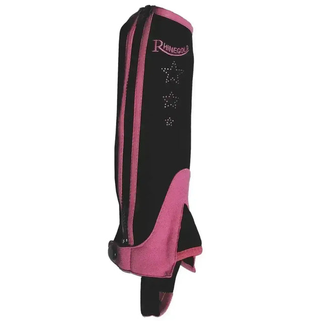 Pink and black rhinegold child synthetic half chaps with star rhinestone embellishments and elasticated stretch panel