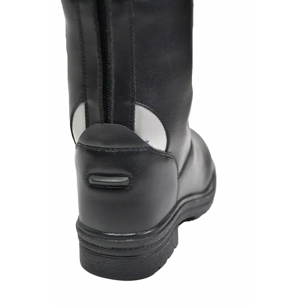 Back view of rhinegold childrens nebraska synthetic riding boot in black leather with white patch and reinforced sole