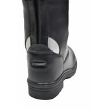 Back view of rhinegold childrens nebraska synthetic riding boot in black leather with white patch and reinforced sole