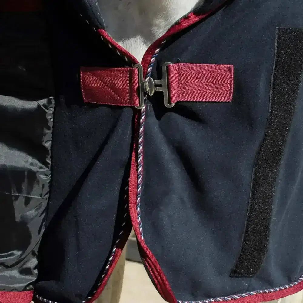 Maroon and navy rhinegold comfey collar fleece rug with silver buckle closure suede fleece horse blanket