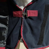 Maroon and navy rhinegold comfey collar fleece rug with silver buckle closure suede fleece horse blanket