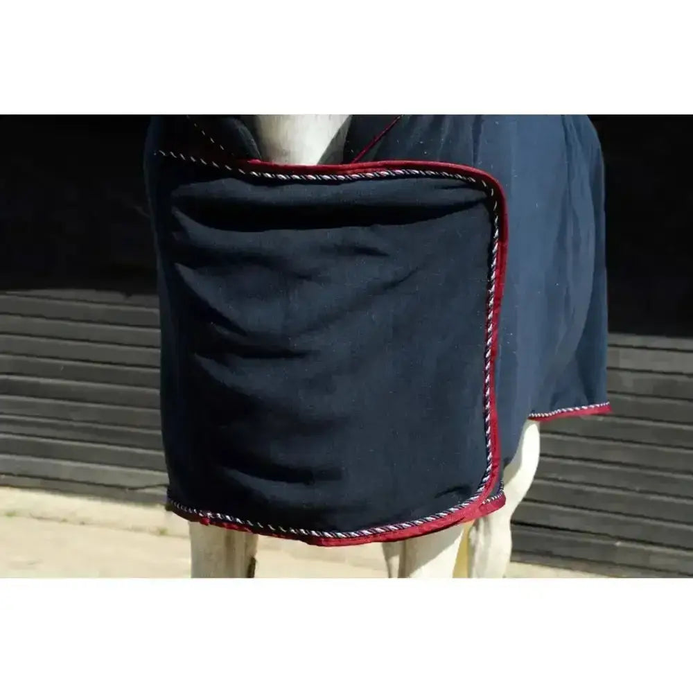 Navy blue rhinegold comfey collar suede fleece rug with red and white stitched trim for horse comfort