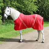 A vibrant red rhinegold comfey fleece rug with reflective white trim and adjustable straps made of anti-pill material