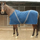 Blue horse blanket with white trim and black straps made from rhinegold comfey fleece anti-pill material rug