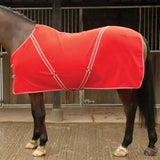 Bright red rhinegold comfey fleece rug with white trim and adjustable straps made from anti-pill material