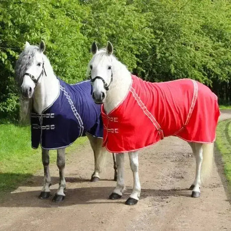 Two white horses wearing rhinegold comfey fleece rugs in navy blue and red made of soft anti-pill material