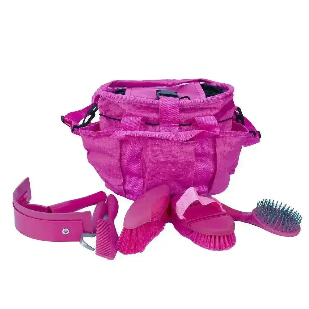 Vibrant pink rhinegold complete soft touch grooming kit with colour coordinated brushes hoof pick and strap organizer bag