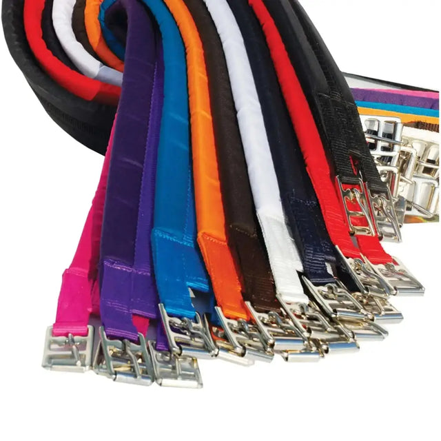 A vibrant array of colorful nylon straps with silver buckles for the rhinegold cotton padded girth product