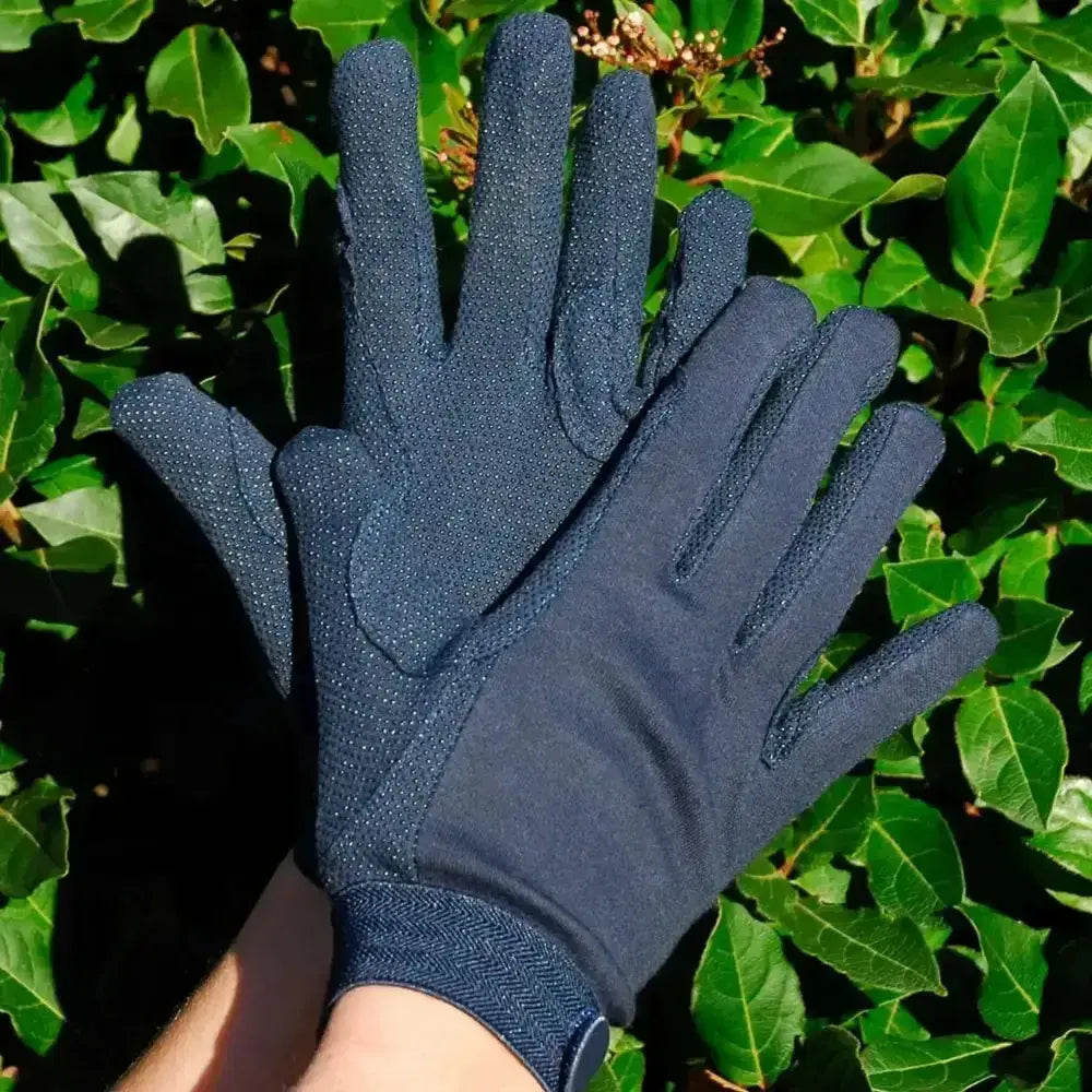 Dark blue rhinegold cotton pimple palm gloves with textured grip fingertips and herringbone wristband for lightweight use