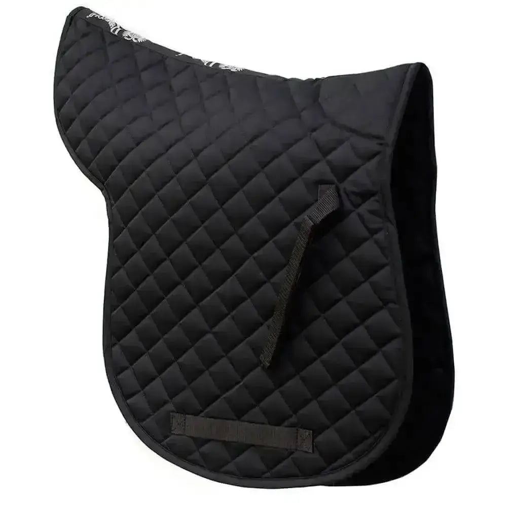 Black rhinegold cotton quilted gp numnah with diamond stitching and subtle white embroidered design on top edge