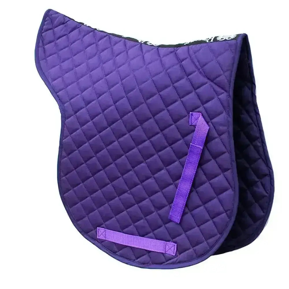 Purple rhinegold cotton quilted gp numnah with matching straps and black and white rhinegold branded taped trim