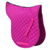 Vibrant fuchsia rhinegold cotton quilted gp numnah with black trim and pink webbing straps featuring rhinegold branded taped detail